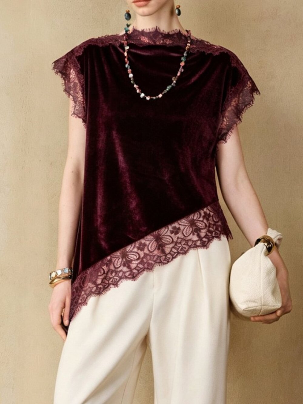 Burgundy Elegant Women's Velvet Eyelash Trim Sleeveless Cut Lace Top